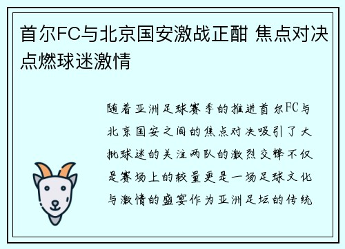 首尔FC与北京国安激战正酣 焦点对决点燃球迷激情