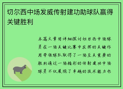 切尔西中场发威传射建功助球队赢得关键胜利