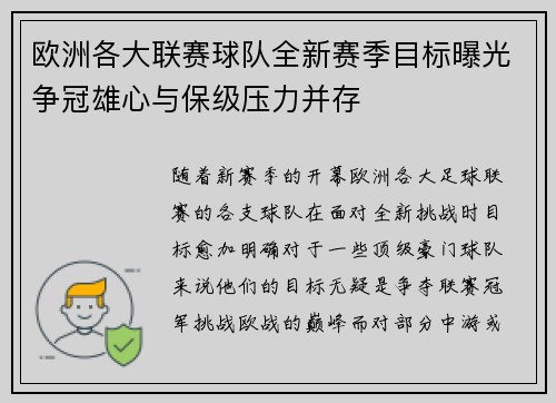 欧洲各大联赛球队全新赛季目标曝光争冠雄心与保级压力并存