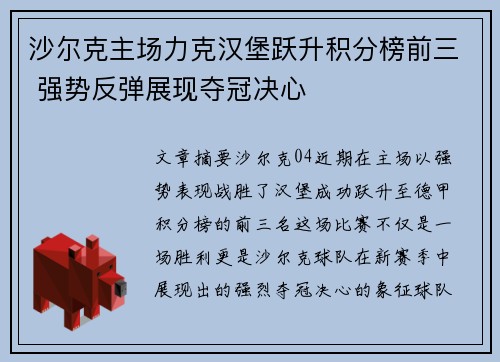 沙尔克主场力克汉堡跃升积分榜前三 强势反弹展现夺冠决心